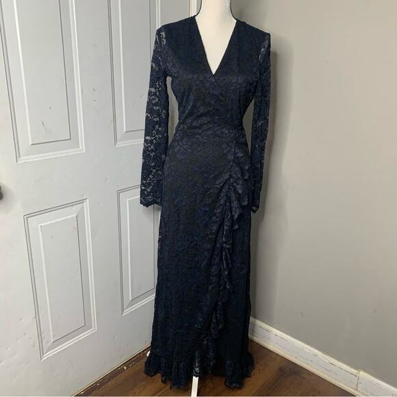 Ganni black Flynn Lace long sleeves midi dress size medium 38 goth wedding guest - Picture 2 of 10